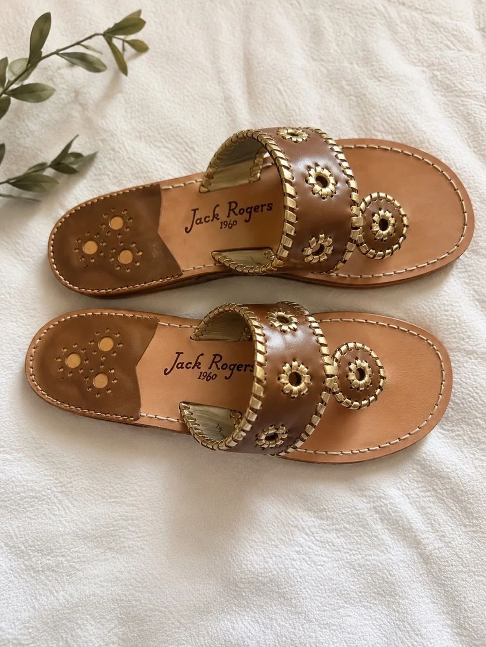 Jack Rogers Brown Leather Slide Sandals with Whipstitch Detail